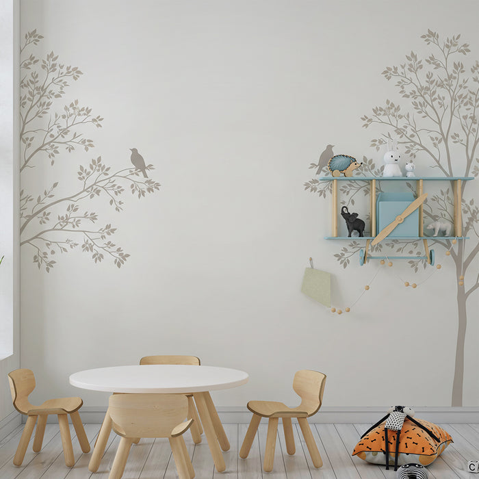 Papier peint chambre bébé | Arbres délicats avec oiseaux sur fond doux