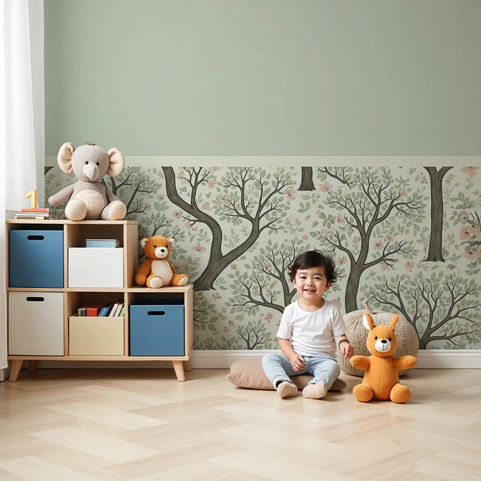 Behang babykamer | Fijne bomen en pastelbloemen voor een zachte sfeer