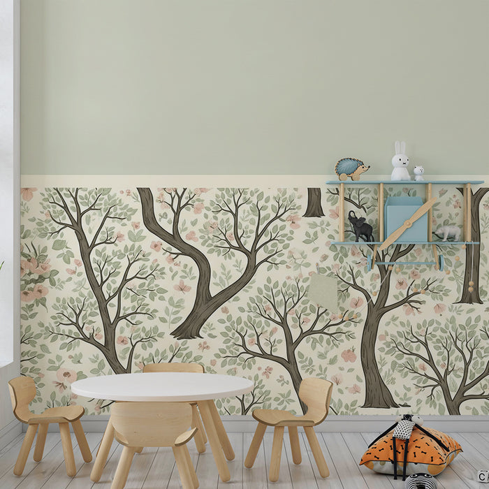Behang babykamer | Fijne bomen en pastelbloemen voor een zachte sfeer