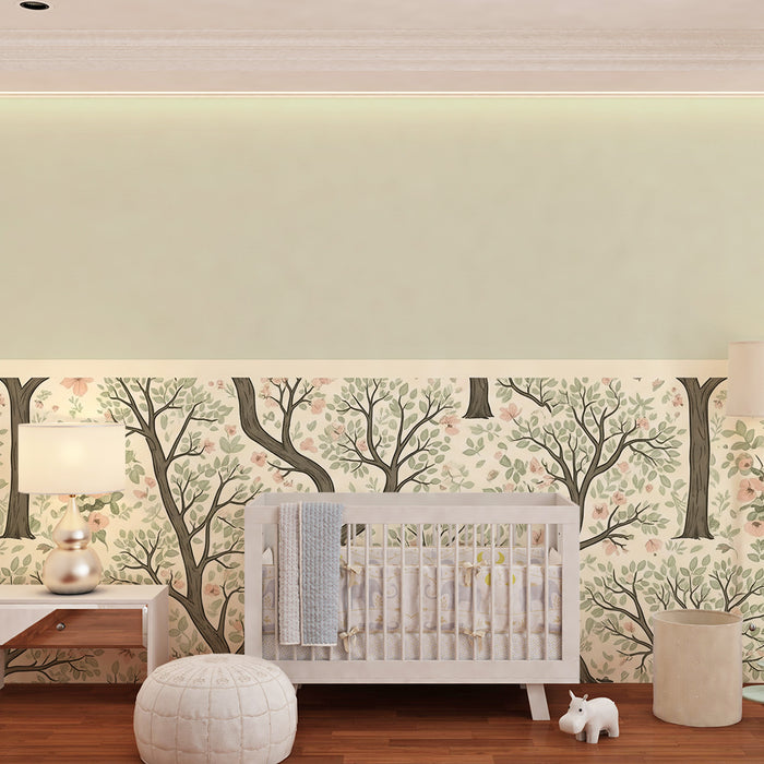 Behang babykamer | Fijne bomen en pastelbloemen voor een zachte sfeer
