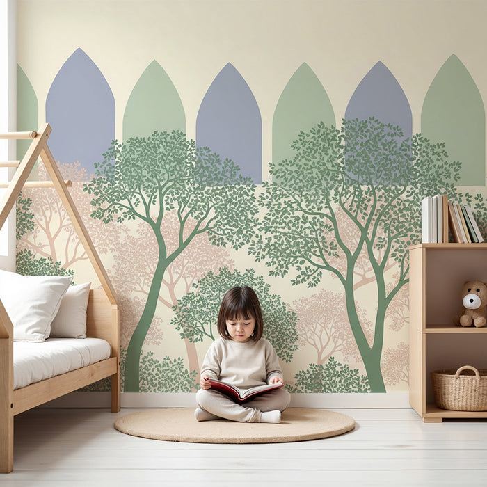 Papier peint chambre bébé | Arbres délicats et motifs apaisants dans des tons pastel