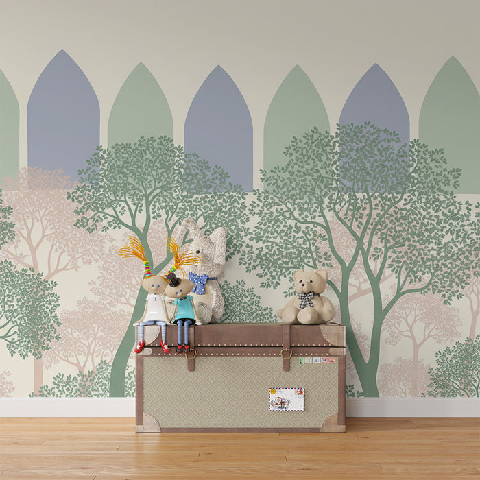 Papier peint chambre bébé | Arbres délicats et motifs apaisants dans des tons pastel