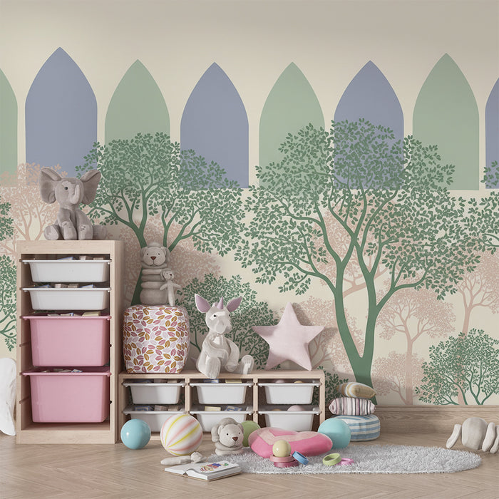 Papier peint chambre bébé | Arbres délicats et motifs apaisants dans des tons pastel