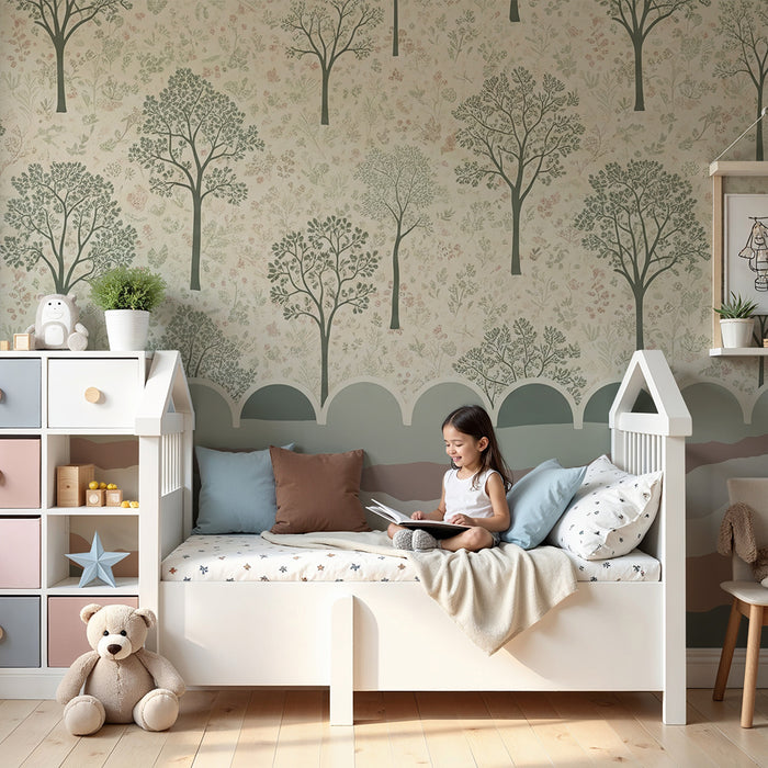 Papel pintado para habitación infantil | Árboles delicados y motivos florales en tonos relajantes