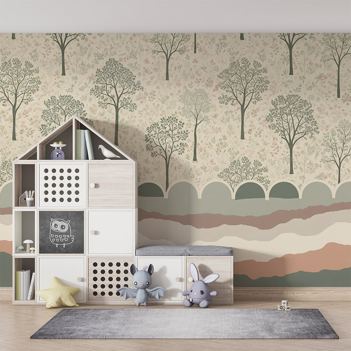 Papel pintado para habitación infantil | Árboles delicados y motivos florales en tonos relajantes