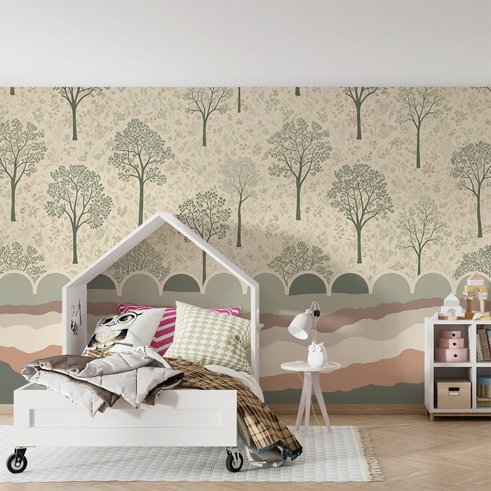 Papel pintado para habitación infantil | Árboles delicados y motivos florales en tonos relajantes