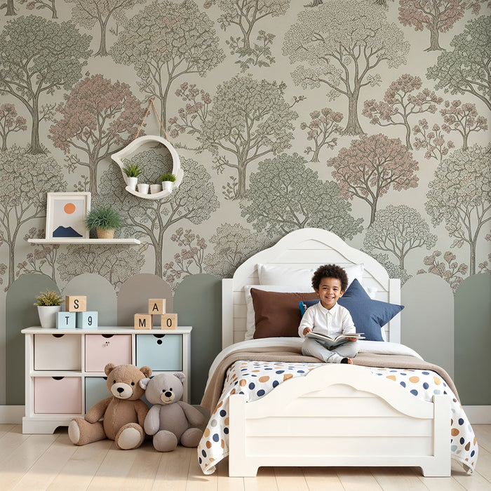 Nursery wallpaper | Delicate trees and pastel patterns for a soft, gentle atmosphere