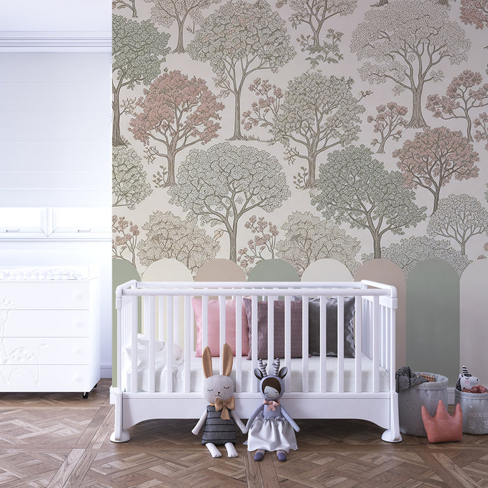 Nursery wallpaper | Delicate trees and pastel patterns for a soft, gentle atmosphere