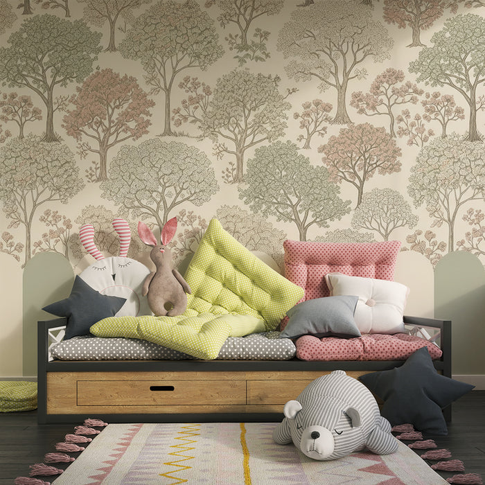 Nursery wallpaper | Delicate trees and pastel patterns for a soft, gentle atmosphere