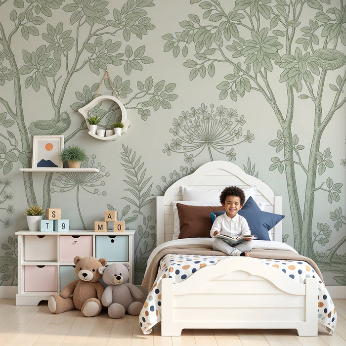 Papier peint chambre bébé | Arbres délicats et oiseaux dans un jardin paisible