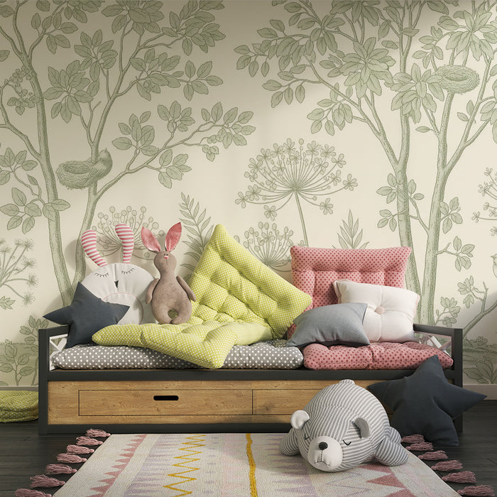 Papier peint chambre bébé | Arbres délicats et oiseaux dans un jardin paisible