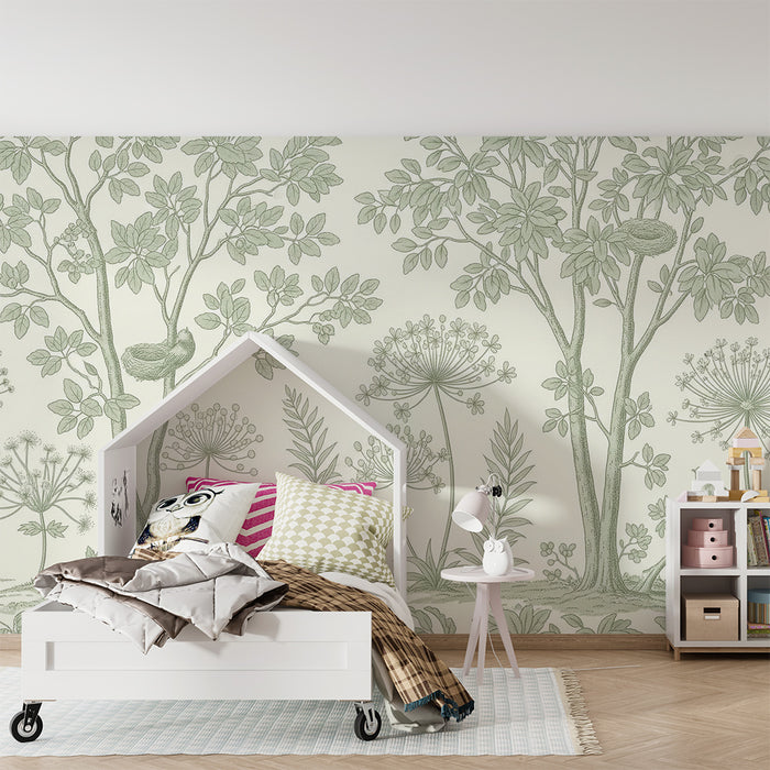 Papier peint chambre bébé | Arbres délicats et oiseaux dans un jardin paisible