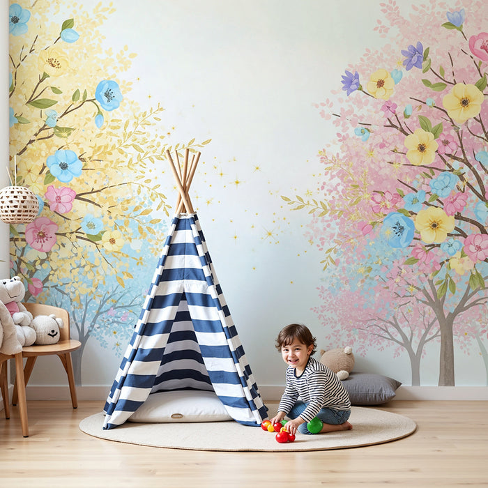 Papel de parede quarto bebê | Cvjetni drvoredi u pastelnim bojama i zlatnim sjajem