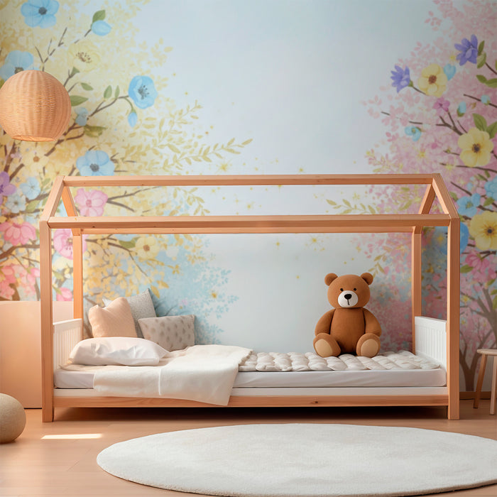 Papel de parede quarto bebê | Cvjetni drvoredi u pastelnim bojama i zlatnim sjajem