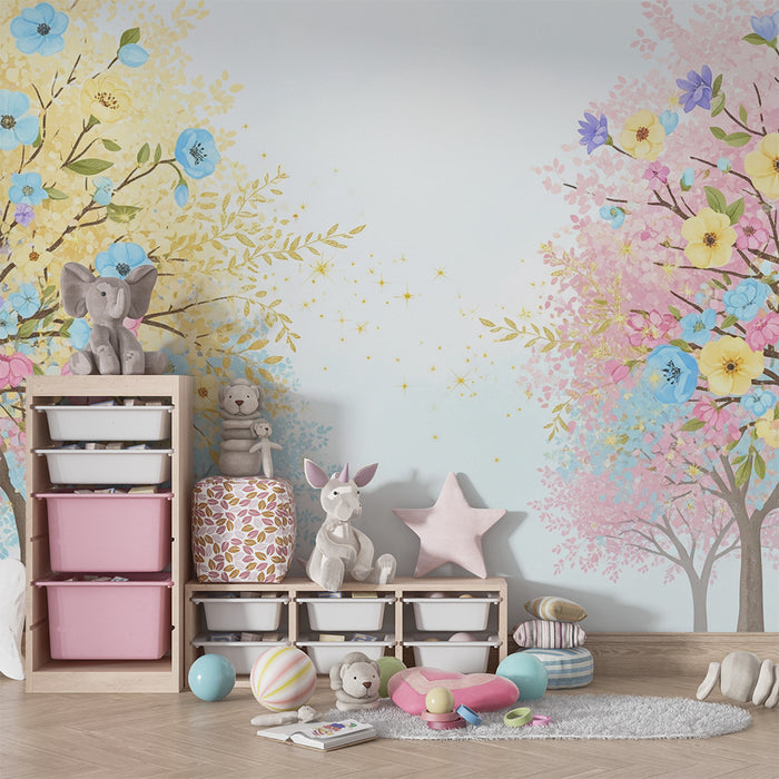 Papel de parede quarto bebê | Cvjetni drvoredi u pastelnim bojama i zlatnim sjajem