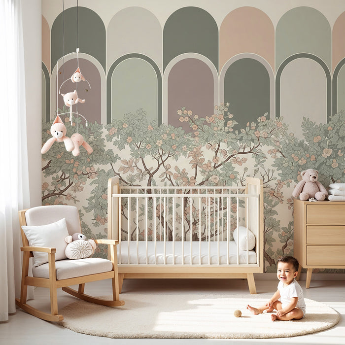 Nursery Wallpaper | Blossoming Trees and Pastel Arches for a Soft Ambiance