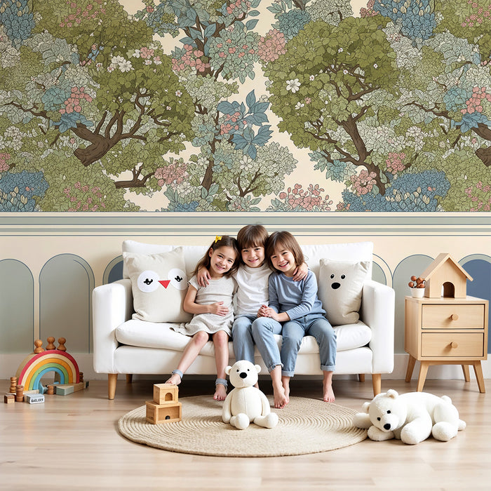 Behang babykamer | Bloeiende bomen en fijn blad in pasteltinten