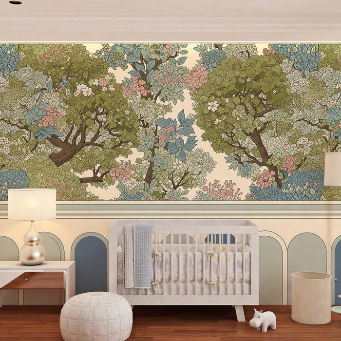 Behang babykamer | Bloeiende bomen en fijn blad in pasteltinten