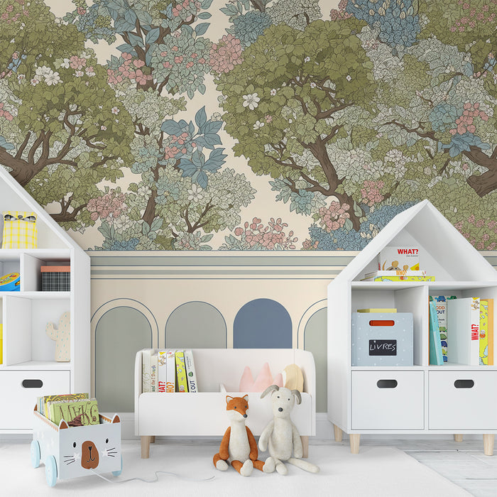Behang babykamer | Bloeiende bomen en fijn blad in pasteltinten