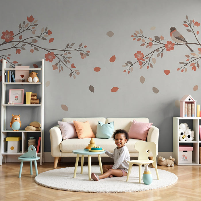 Papier peint chambre bébé | Arbres fleuris et oiseaux dans des tons doux