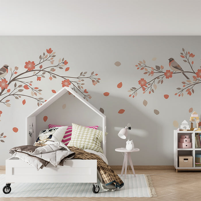 Papier peint chambre bébé | Arbres fleuris et oiseaux dans des tons doux
