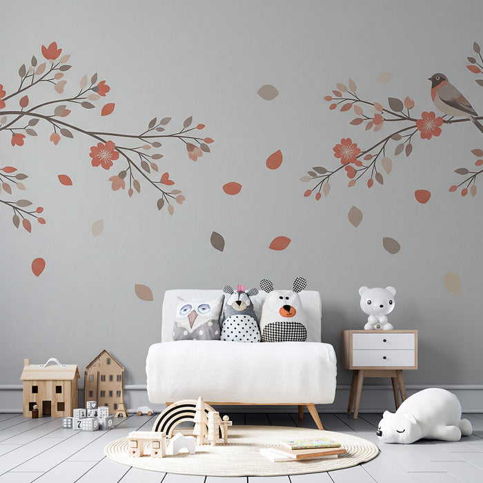 Papier peint chambre bébé | Arbres fleuris et oiseaux dans des tons doux