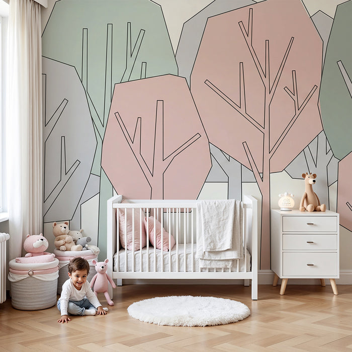 Papel de parede quarto bebê | Γεωμετρικά δέντρα σε απαλές αποχρώσεις
