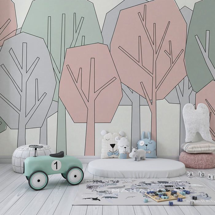 Papel de parede quarto bebê | Γεωμετρικά δέντρα σε απαλές αποχρώσεις