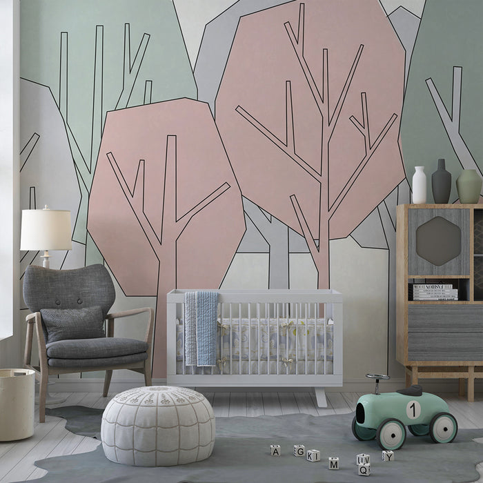 Papel de parede quarto bebê | Γεωμετρικά δέντρα σε απαλές αποχρώσεις