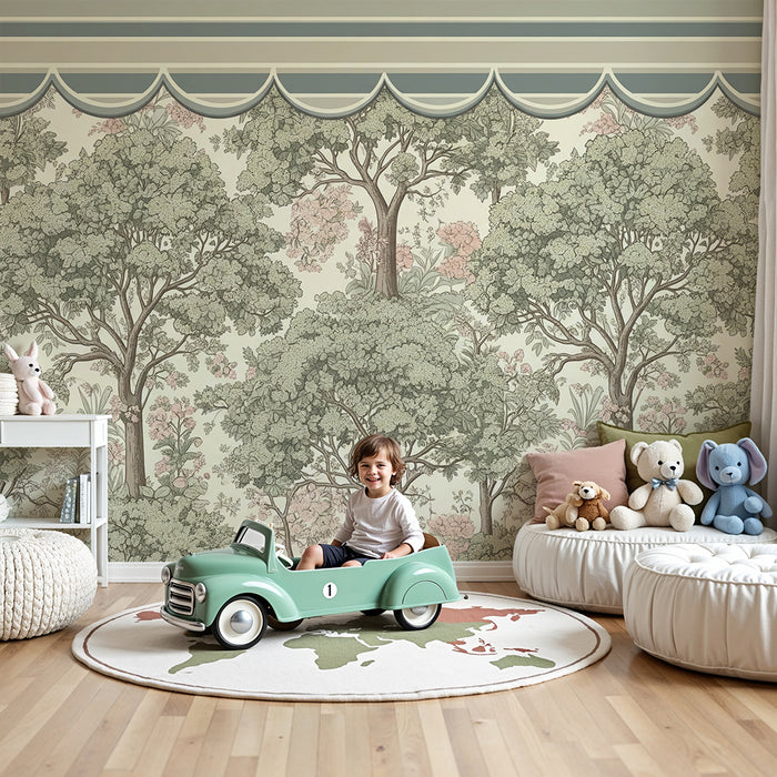 Nursery wallpaper | Lush trees and delicate flowers in soft hues