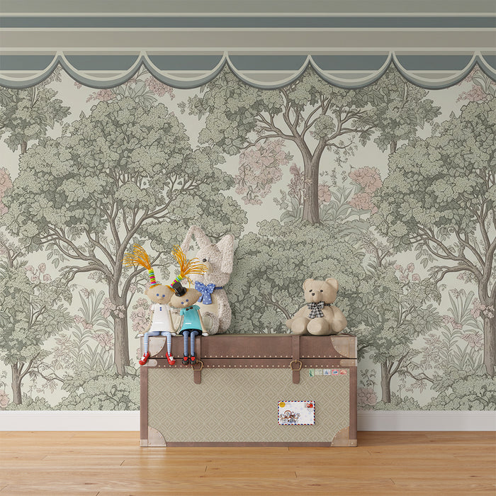 Nursery wallpaper | Lush trees and delicate flowers in soft hues
