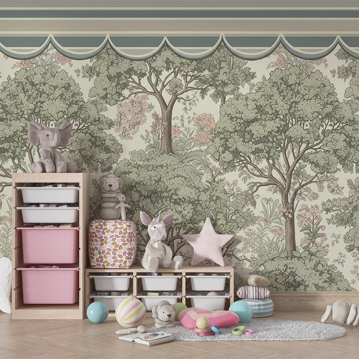 Nursery wallpaper | Lush trees and delicate flowers in soft hues