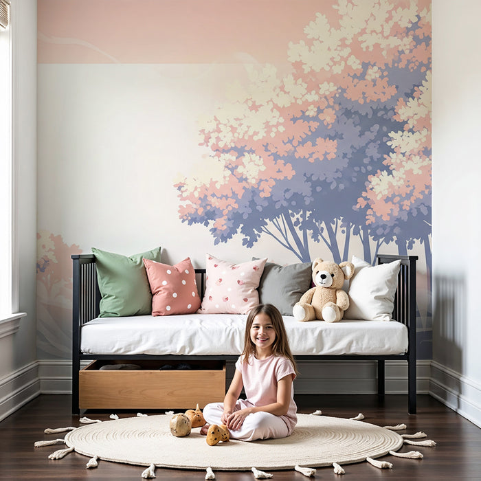 Papier peint chambre bébé | Arbres pastel et brume douce dans un paysage apaisant