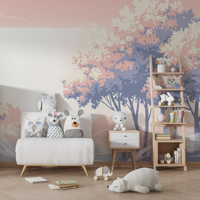 Papier peint chambre bébé | Arbres pastel et brume douce dans un paysage apaisant
