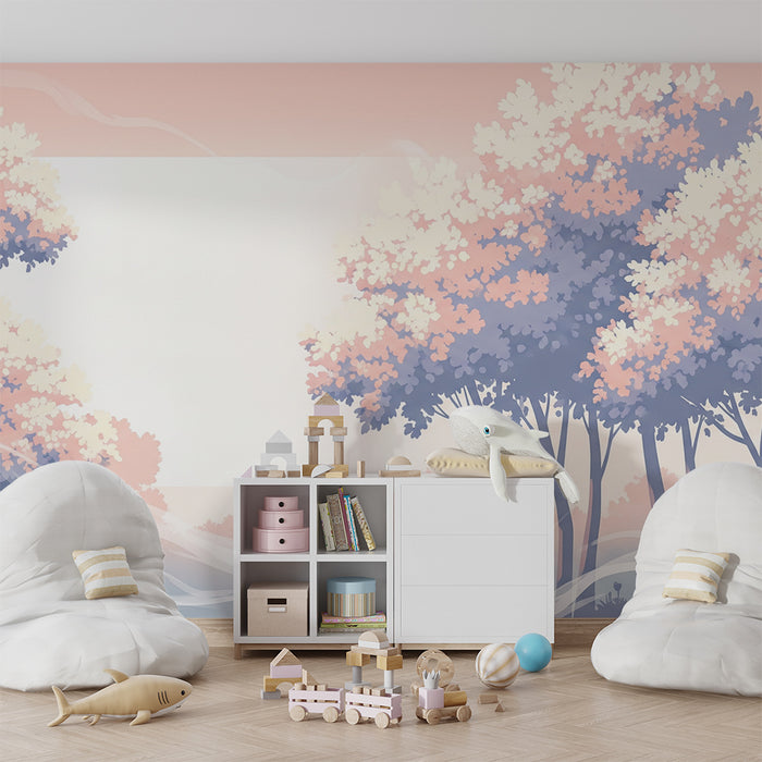 Papier peint chambre bébé | Arbres pastel et brume douce dans un paysage apaisant