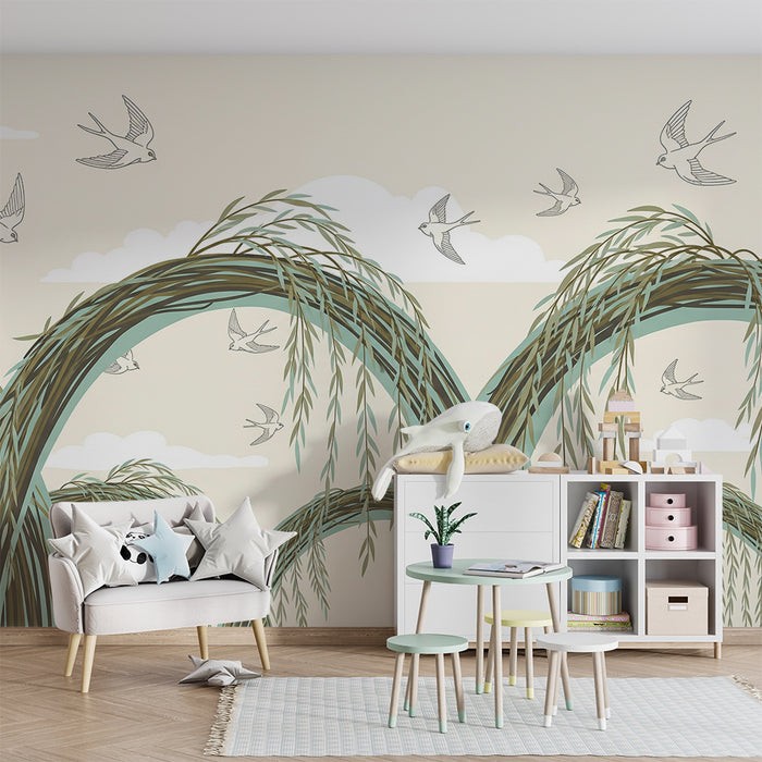 Behang babykamer | Treurwilgen en vogels in een zachte lucht