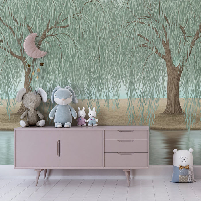 Papel de parede para quarto de bebé | Árvores chorosas e reflexo tranquilo na água