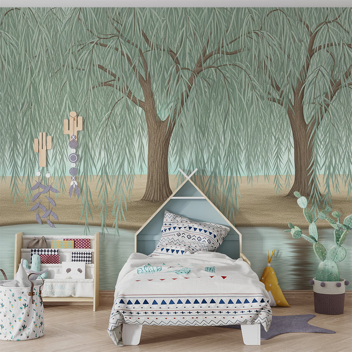 Papel de parede para quarto de bebé | Árvores chorosas e reflexo tranquilo na água