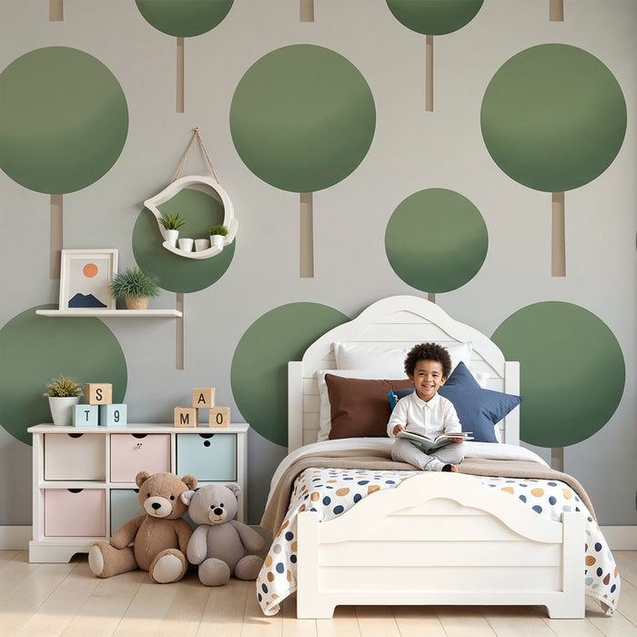 Barntapet | Stiliserade runda träd i grönt på vit bakgrund