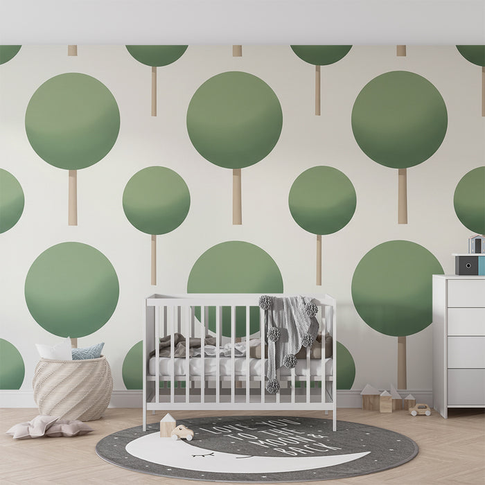 Barntapet | Stiliserade runda träd i grönt på vit bakgrund