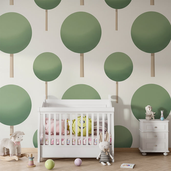 Barntapet | Stiliserade runda träd i grönt på vit bakgrund