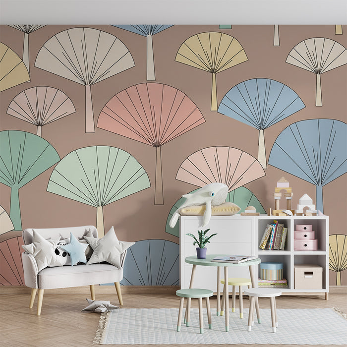 Lastenhuoneen tapetti | Tyylikkäät puut pehmeillä väreillä beigeellä taustalla