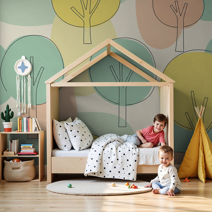 Barntapet | Stiliserade träd i mjuka färger på pastellfond