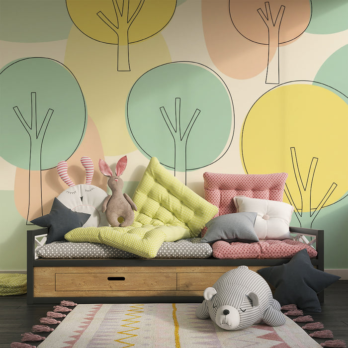 Barntapet | Stiliserade träd i mjuka färger på pastellfond