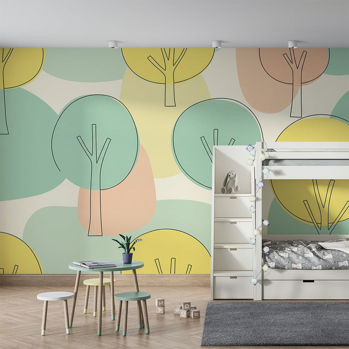 Barntapet | Stiliserade träd i mjuka färger på pastellfond