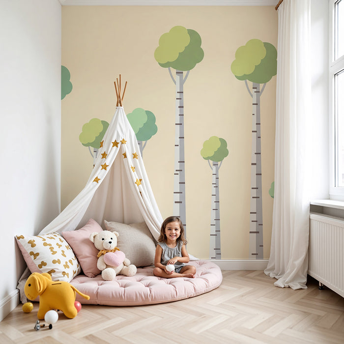 Babykamer behang | Gestileerde bomen met zachte bladeren op een pastelkleurige achtergrond