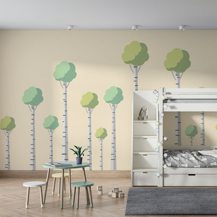 Babykamer behang | Gestileerde bomen met zachte bladeren op een pastelkleurige achtergrond
