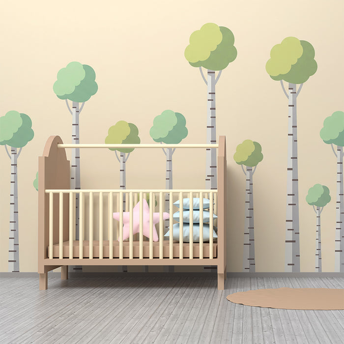 Babykamer behang | Gestileerde bomen met zachte bladeren op een pastelkleurige achtergrond