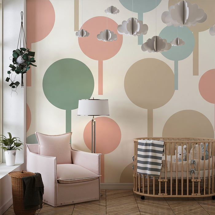 Barntapet | Stiliserade träd i mjuka färger för en lugnande atmosfär