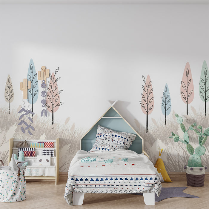 Nursery room wallpaper | Stylized trees and soft grass in pastel tones